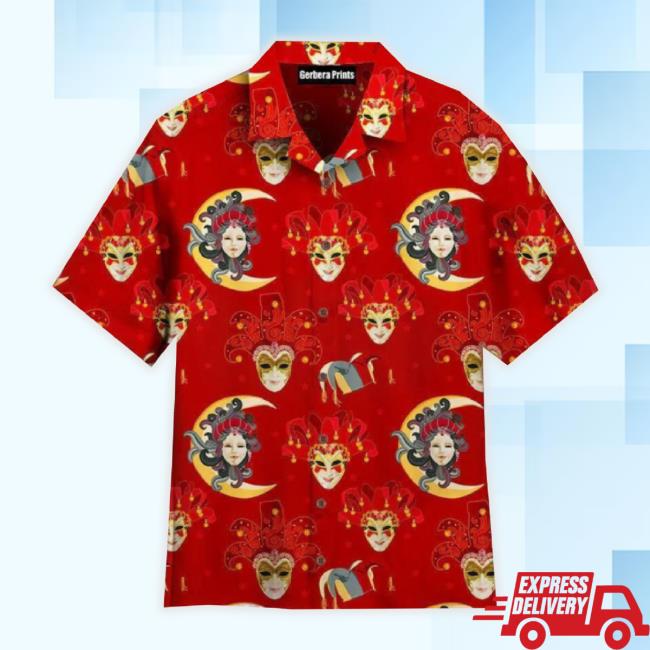 Mardi Gras Venetian Masks Pattern Red Aloha Hawaiian T-Shirt
