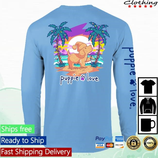 Christmas Palm Sunset Pup Adult T-Shirt, Hoodie, Tank Top, Sweater And Long Sleeve T-Shirt Puppie Love Merch